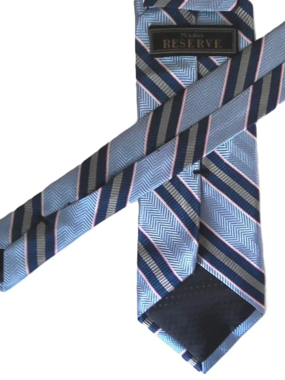 Jos A Bank RESERVE Mens Neck Tie Blue Gray Pink & White Stripe Classic 100% Silk